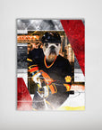 Personalized 'Vancouver Pawnucks' pet poster featuring a bulldog in a black and orange hockey uniform.