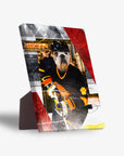 Personalized pet standing canvas featuring a bulldog in a black and orange hockey uniform.