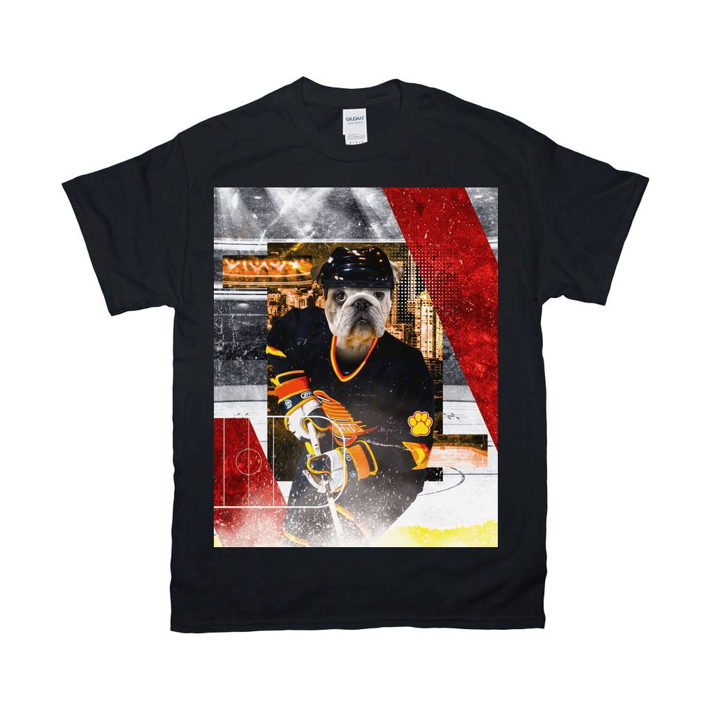 Black Gildan t-shirt with a bulldog in a black and yellow hockey jersey, holding a stick, on an abstract rink background.