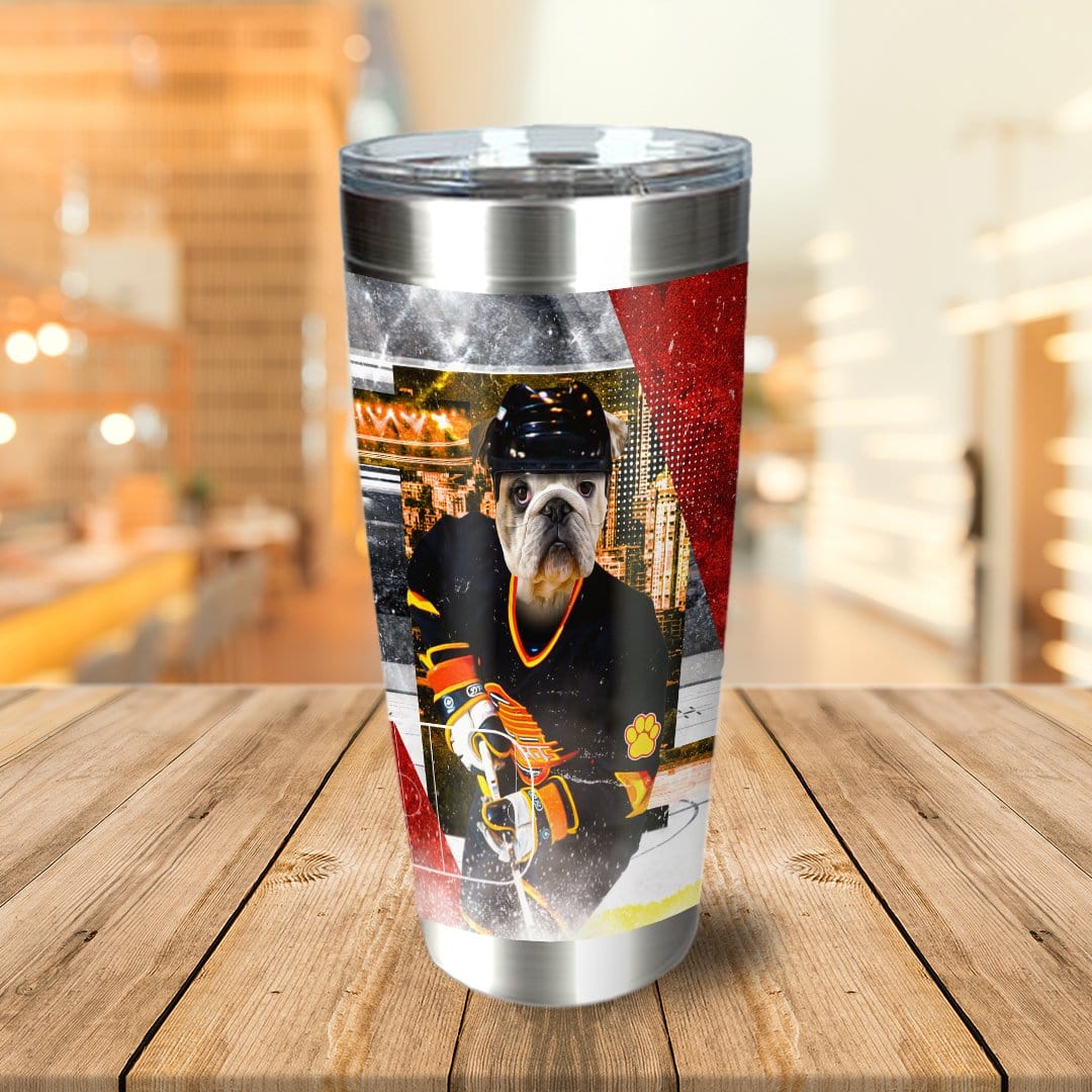 Personalized stainless steel tumbler with a custom bulldog pet portrait in a hockey uniform.