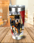 Personalized stainless steel tumbler with a custom bulldog pet portrait in a hockey uniform.