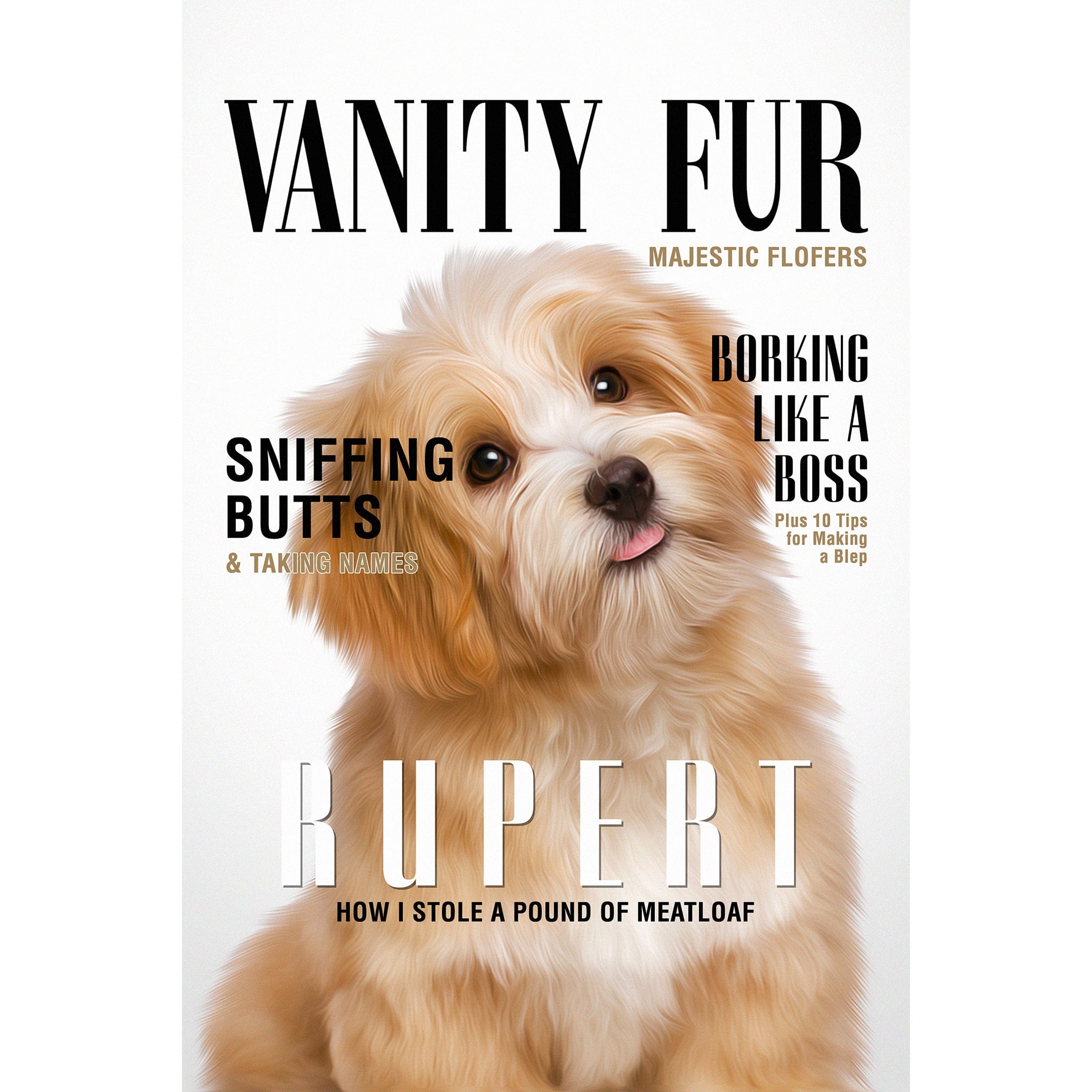 Personalized 'Vanity Fur' digital portrait featuring a fluffy light brown dog on a magazine cover.