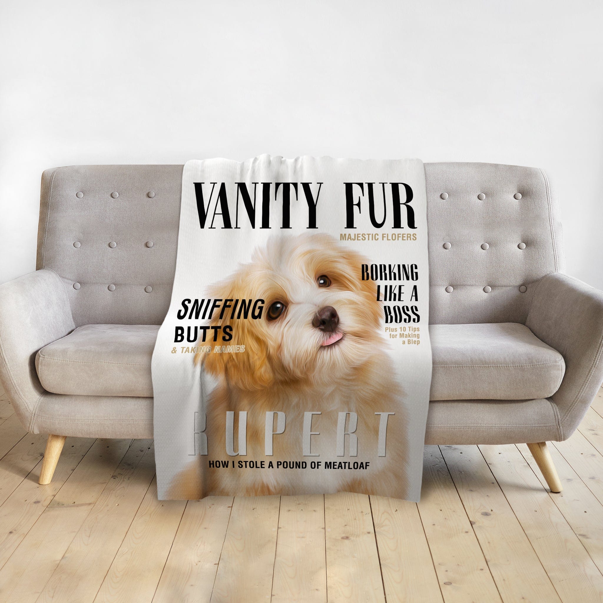 Personalized pet blanket with a custom dog portrait in a "Vanity Fur" magazine cover design.