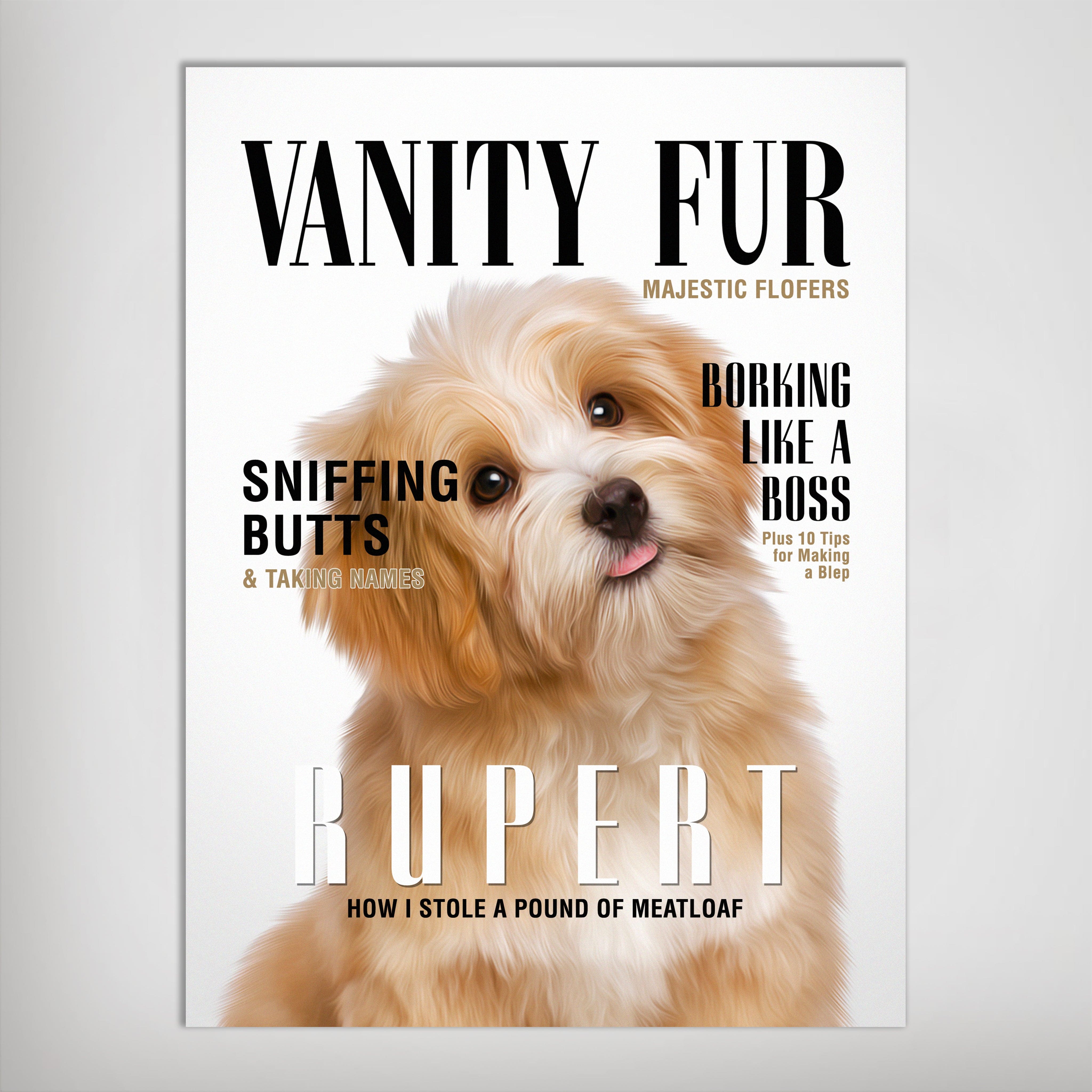 Personalized "Vanity Fur" pet poster featuring a fluffy light brown dog on a magazine cover design.