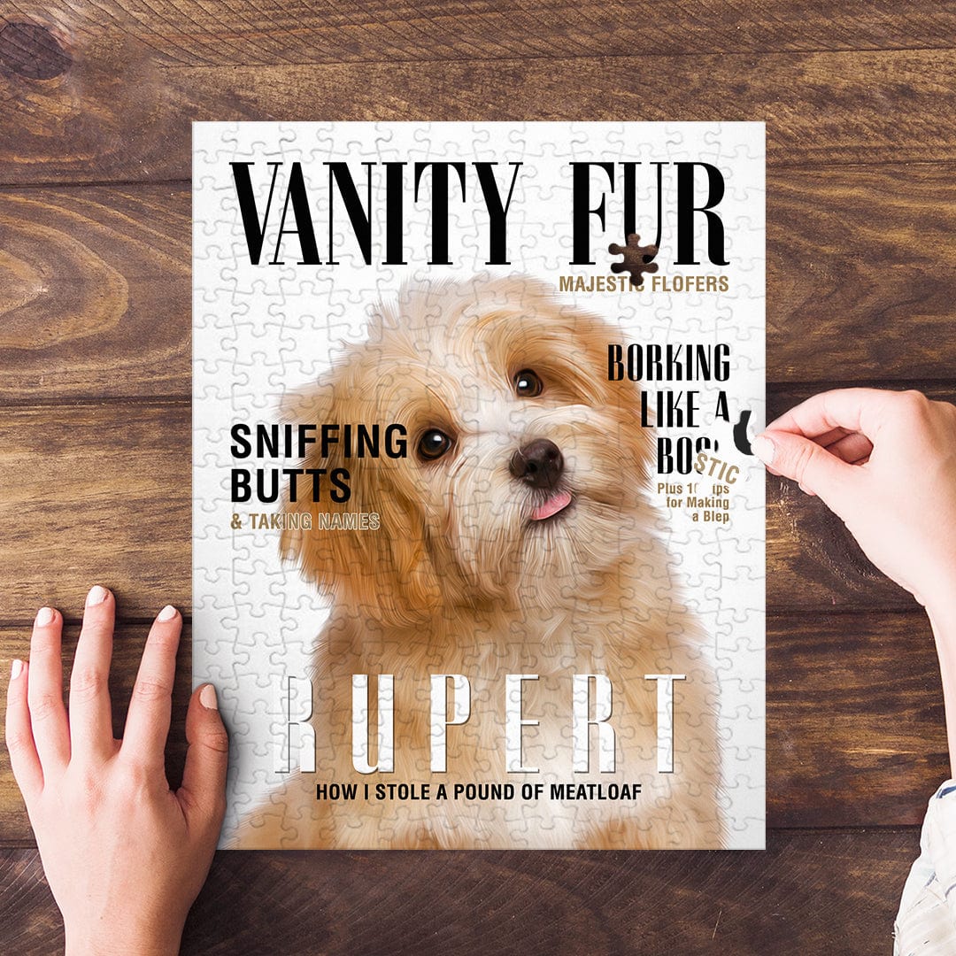 Personalized pet puzzle featuring a fluffy dog portrait in a magazine cover style.