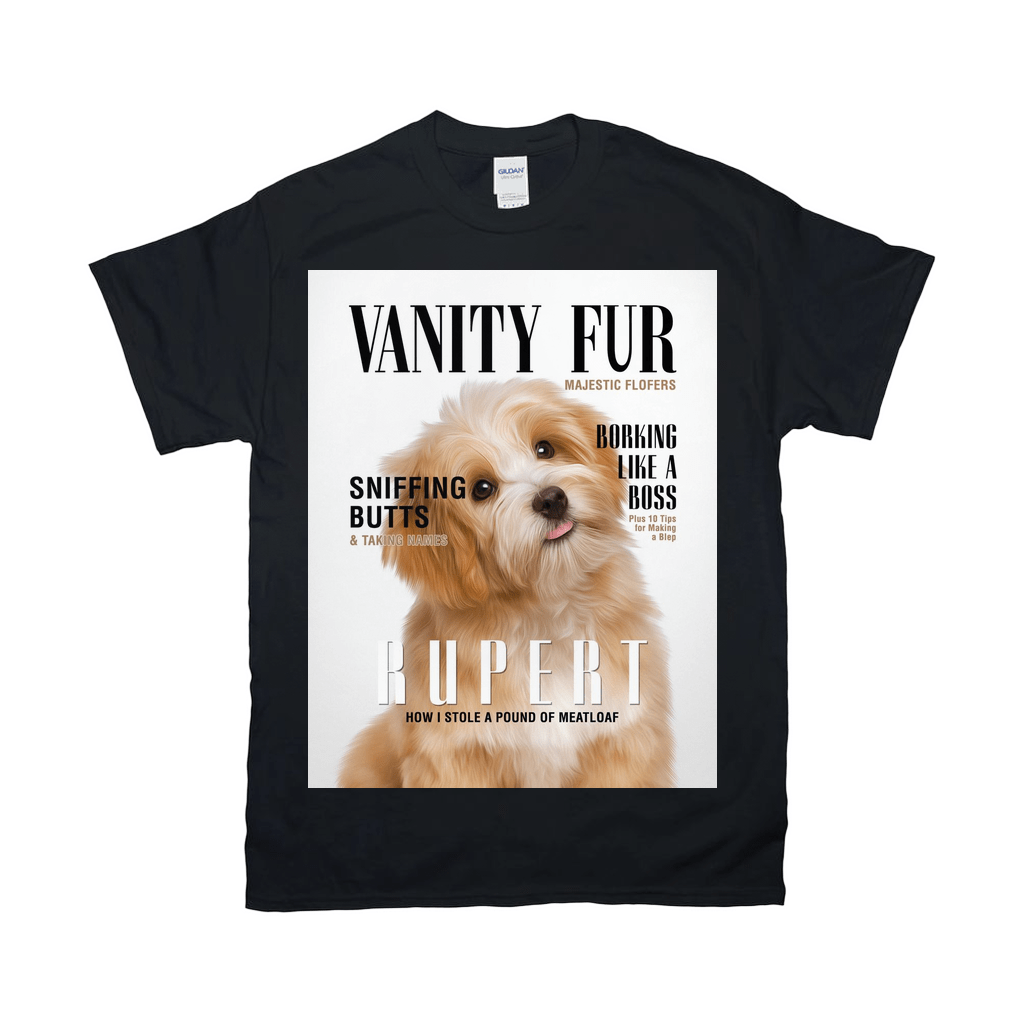 Black Gildan t-shirt with a personalized "Vanity Fur" magazine cover design featuring a cute tan dog.