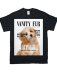 Black Gildan t-shirt with a personalized "Vanity Fur" magazine cover design featuring a cute tan dog.