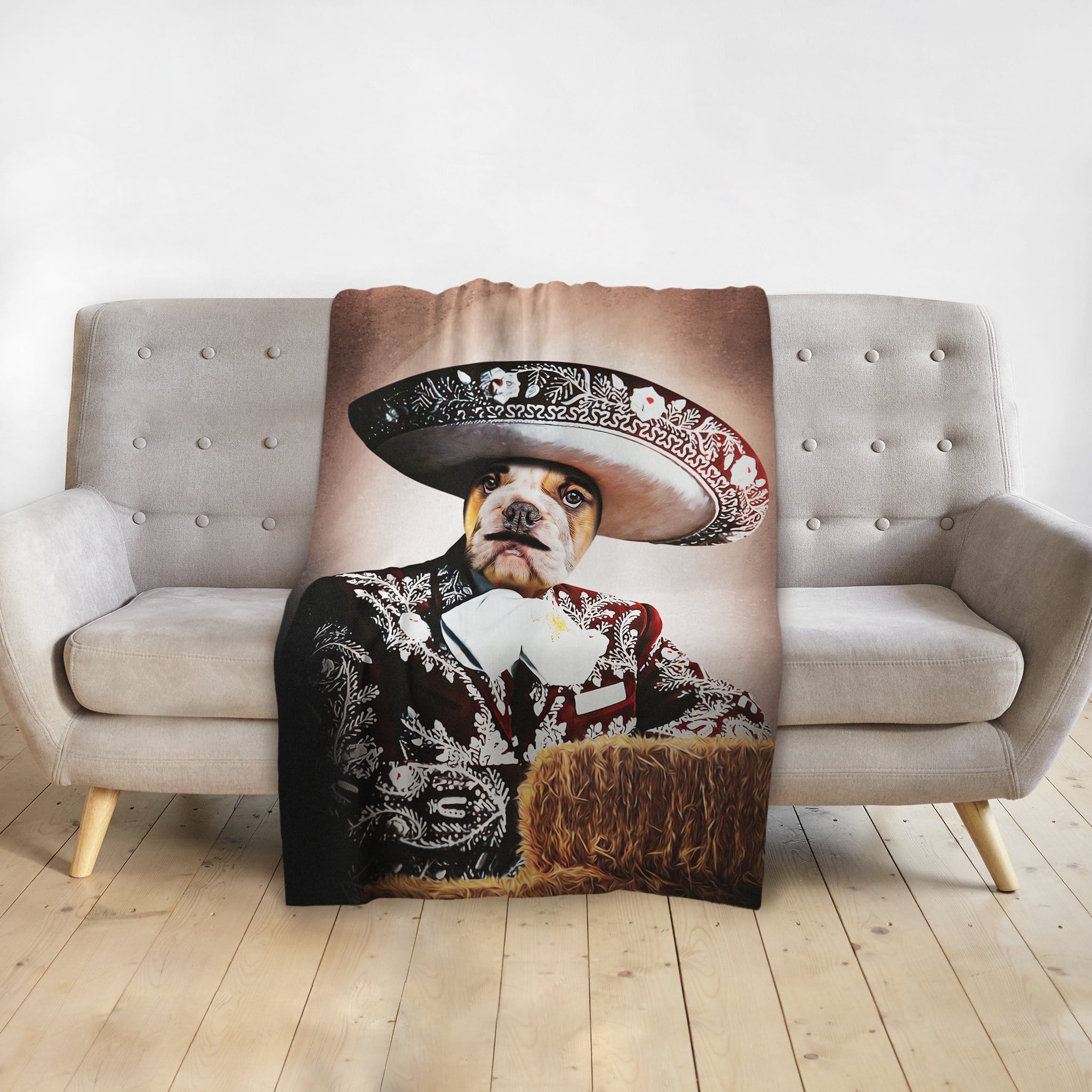 Personalized pet blanket featuring a bulldog in a Mariachi "Vicente Fernandogg" portrait.