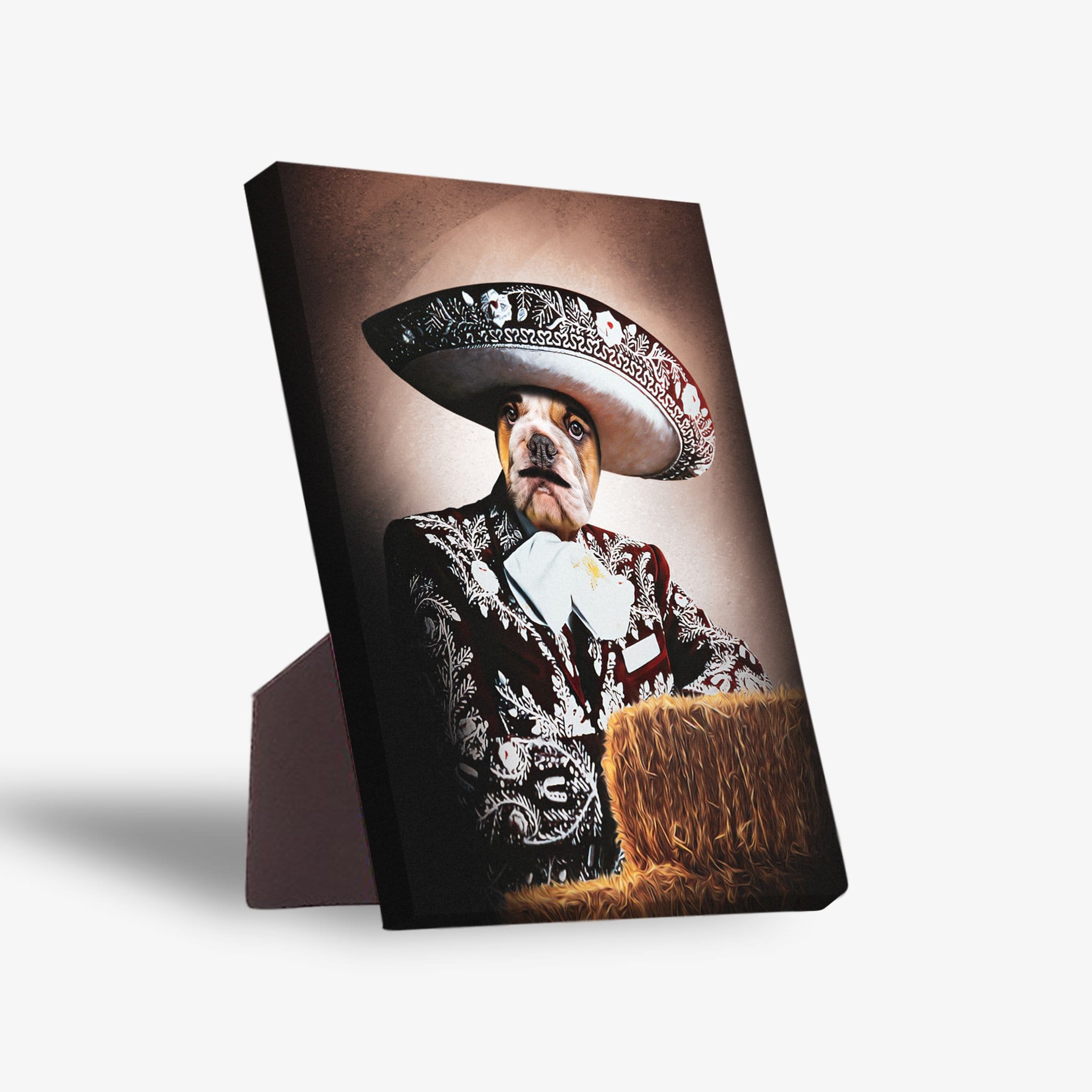 Personalized pet standing canvas featuring a bulldog in a red mariachi suit and sombrero.