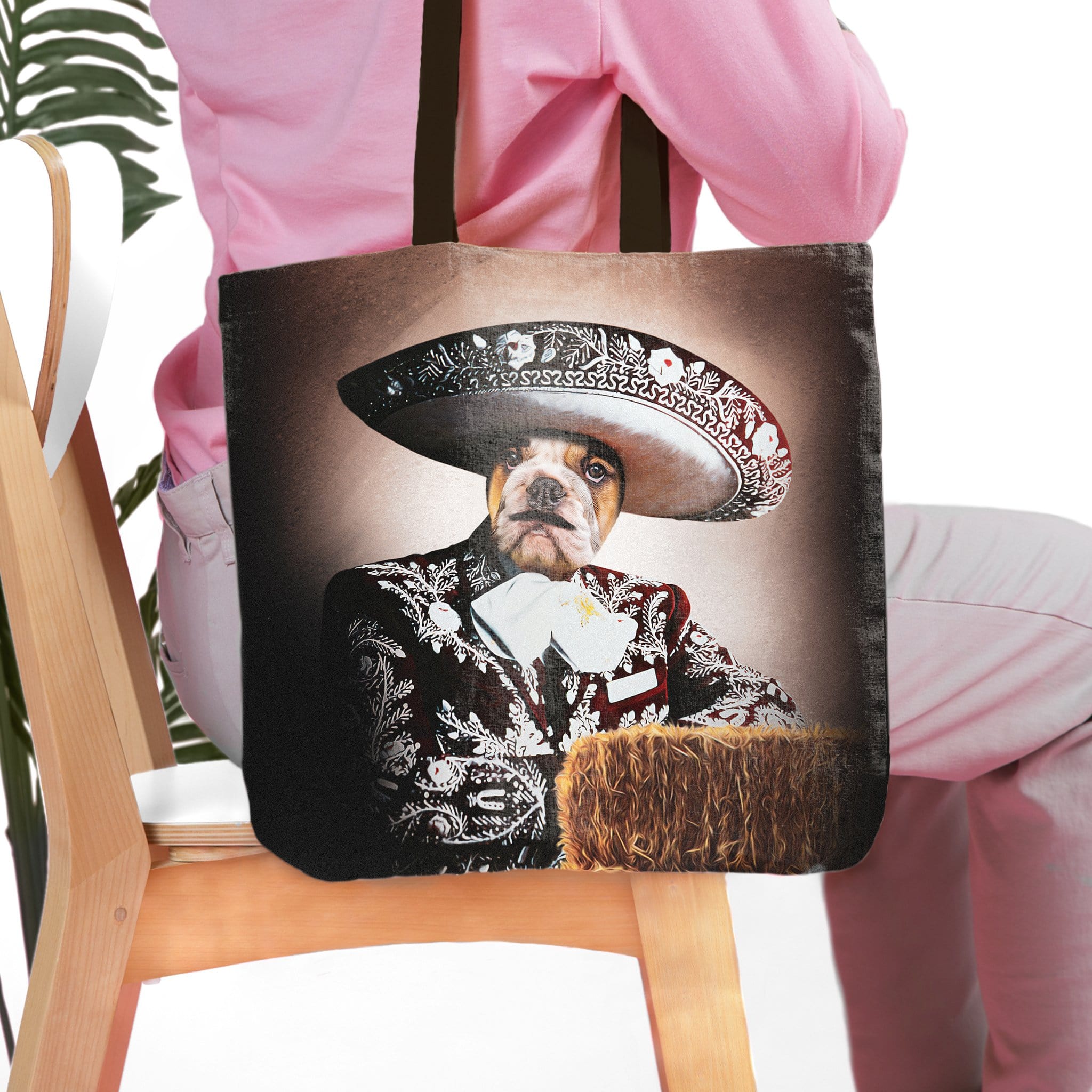 Personalized black tote bag with a custom dog portrait in a Mariachi outfit and sombrero.