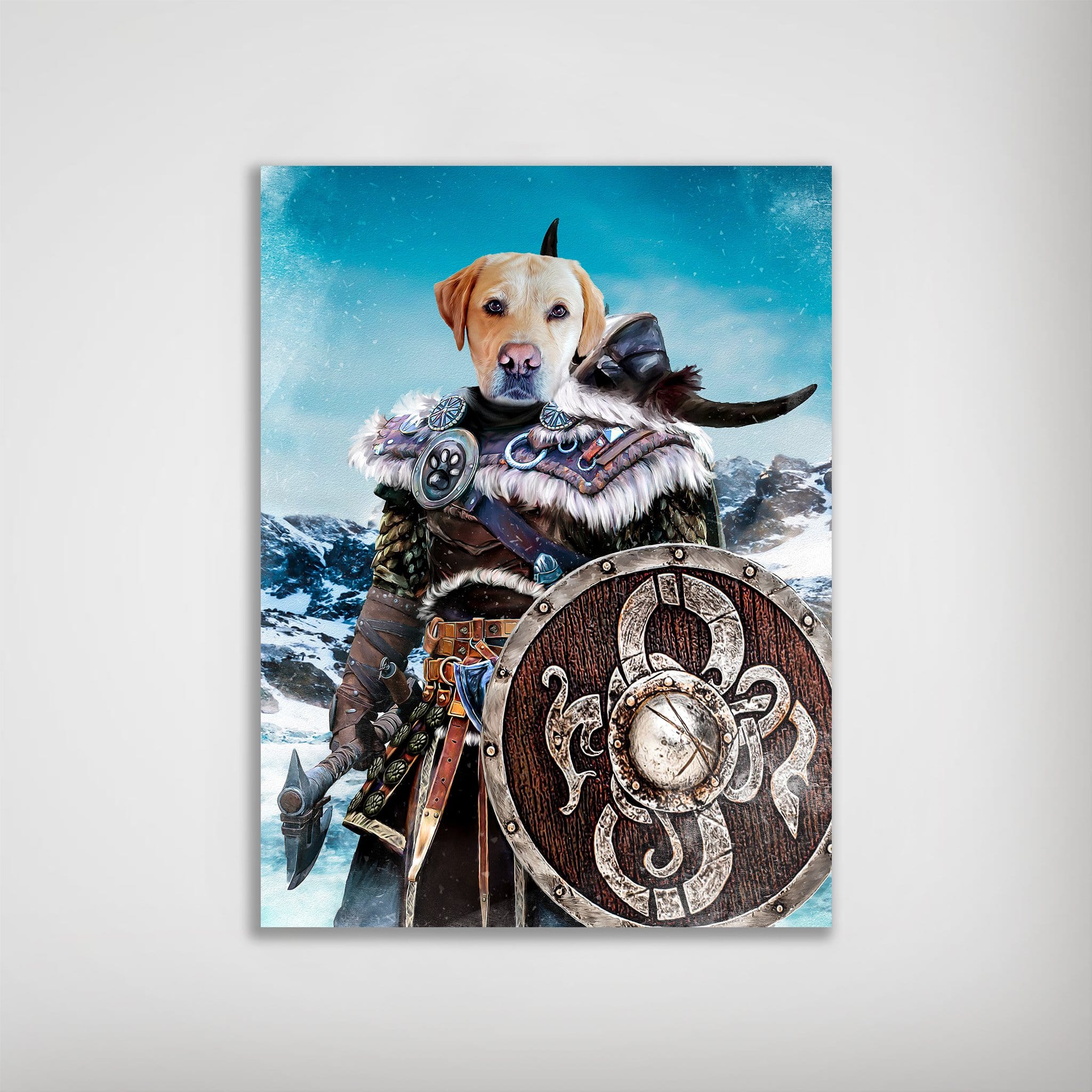 Personalized 'Viking Warrior' dog poster featuring a golden retriever in detailed armor, holding an axe and shield, against a snowy mountain backdrop.
