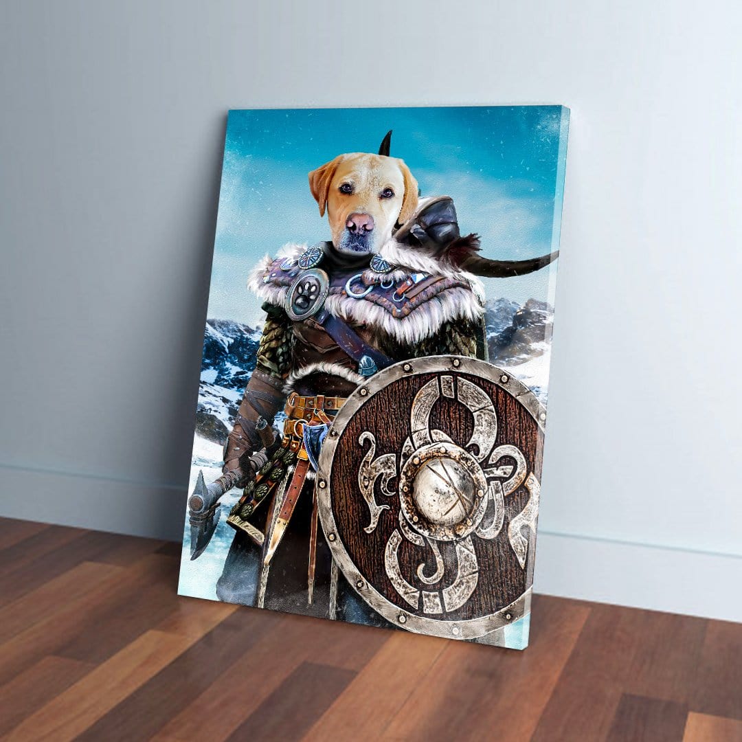 Personalized pet canvas featuring a yellow lab as a Viking warrior with shield and axe.