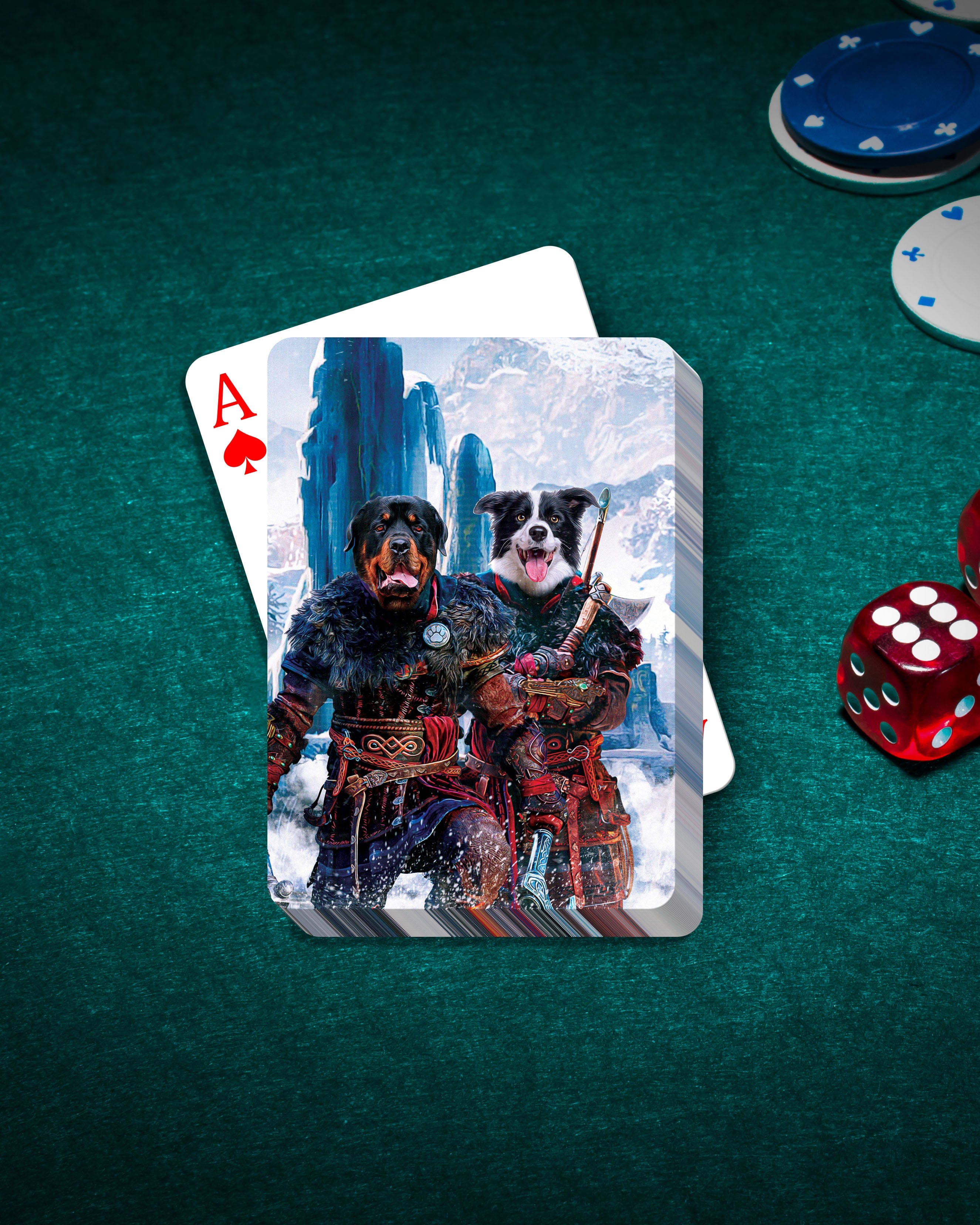 Personalized playing cards featuring two dogs as Viking warriors on a green poker table.