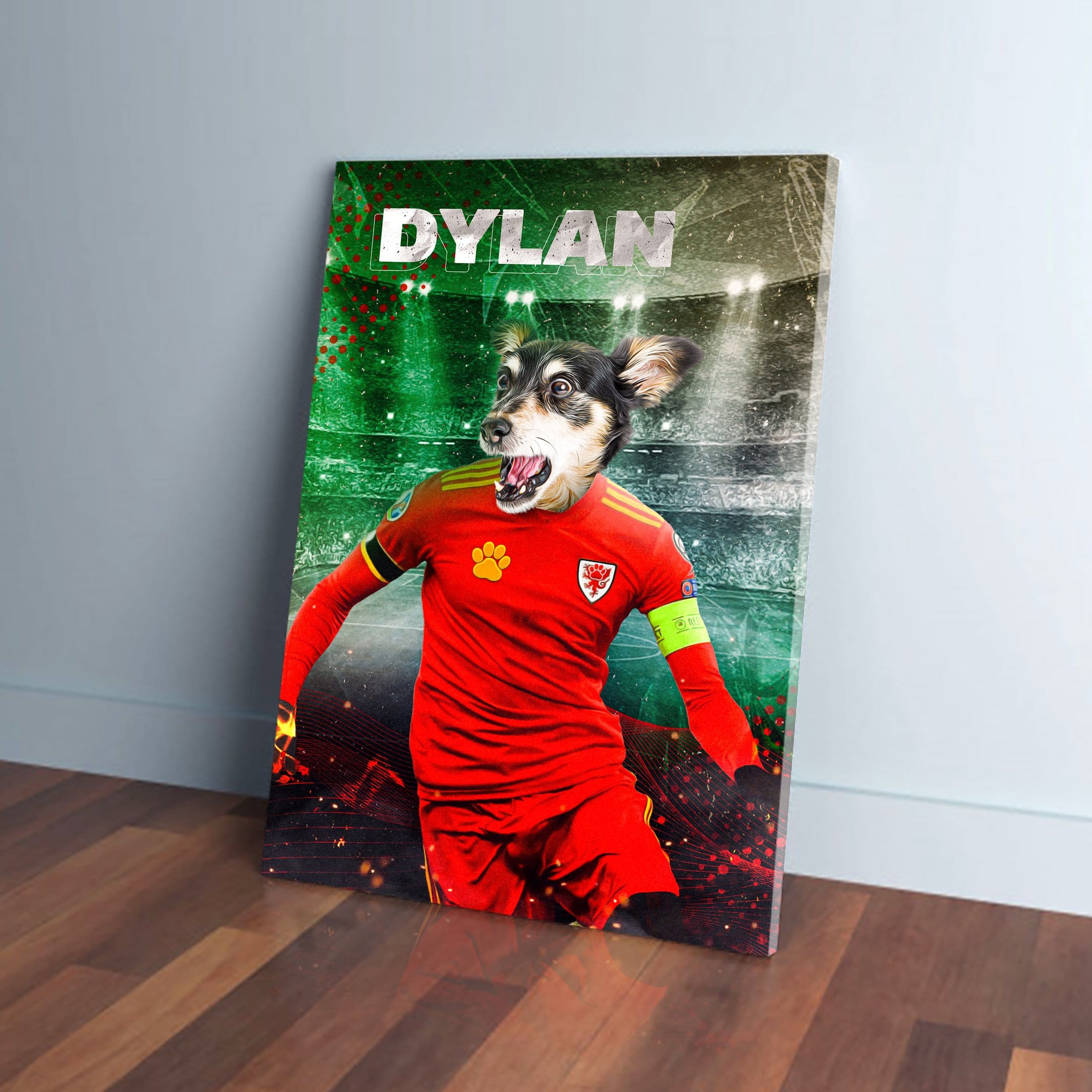 Personalized pet canvas featuring a dog in a red Wales football kit on a stadium background.