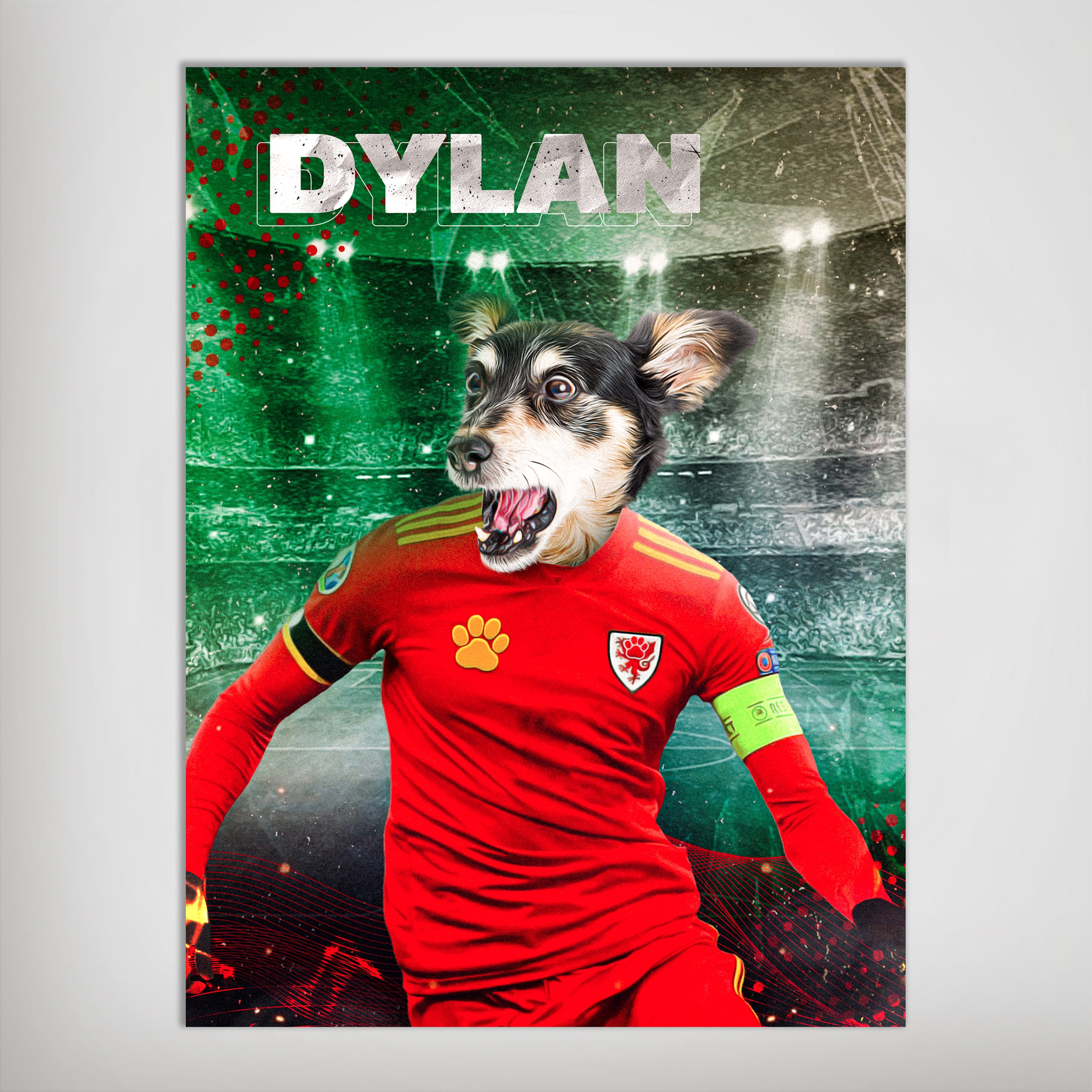 Personalized pet poster featuring a dog in a red Wales soccer jersey, with "DYLAN" above a stadium background.