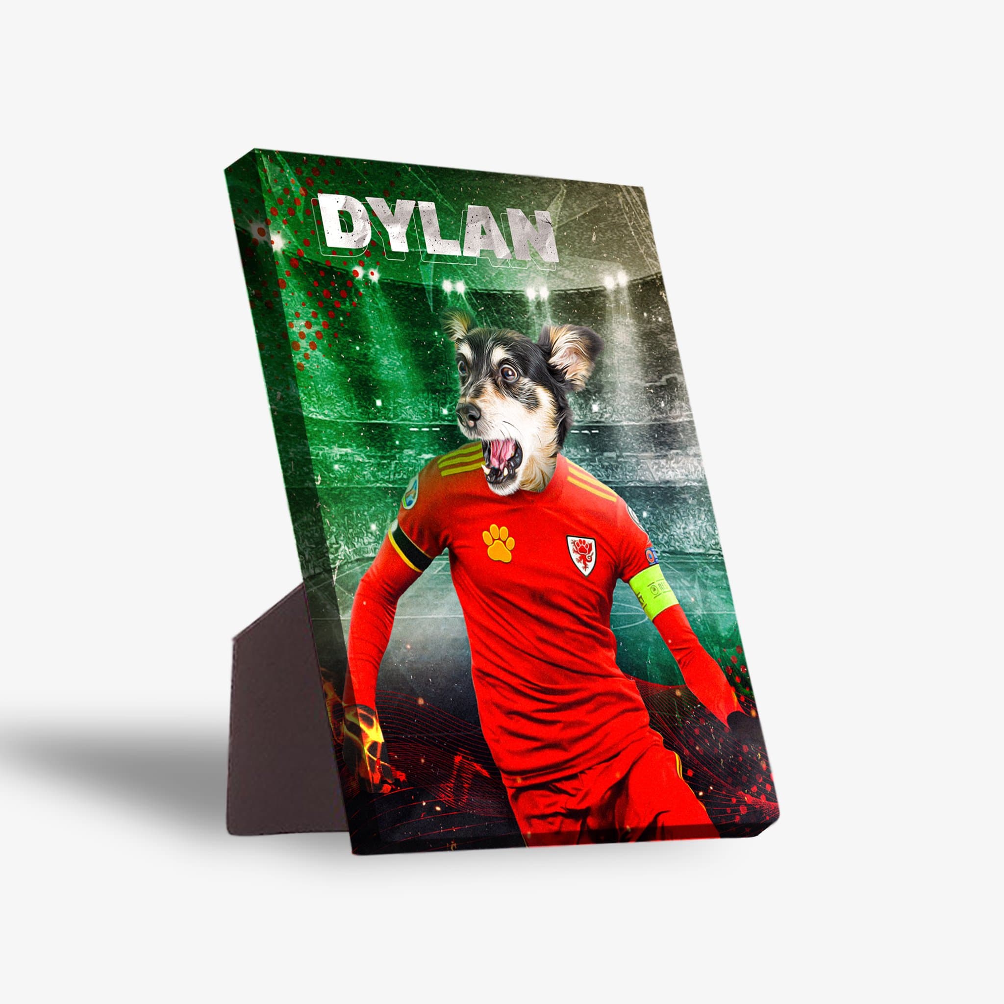 Personalized pet standing canvas featuring a dog in a red Wales soccer jersey on a stadium background.