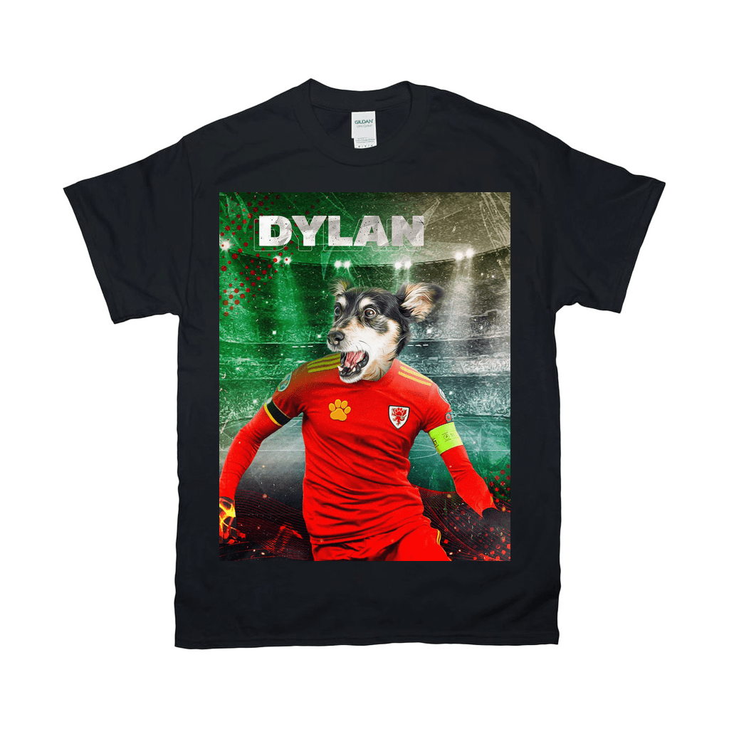 Black Gildan t-shirt featuring a personalized graphic of a dog's head on a soccer player's body in a red Wales jersey.