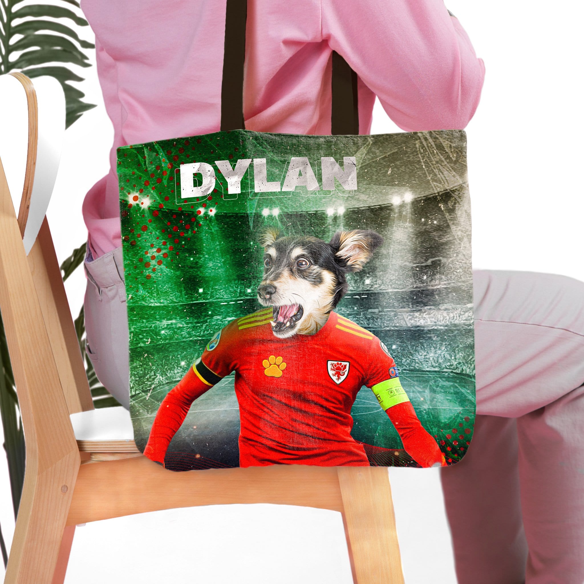 Personalized Wales Doggos Soccer tote bag with a custom pet portrait of a dog in a red football kit.