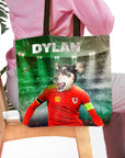 Personalized Wales Doggos Soccer tote bag with a custom pet portrait of a dog in a red football kit.