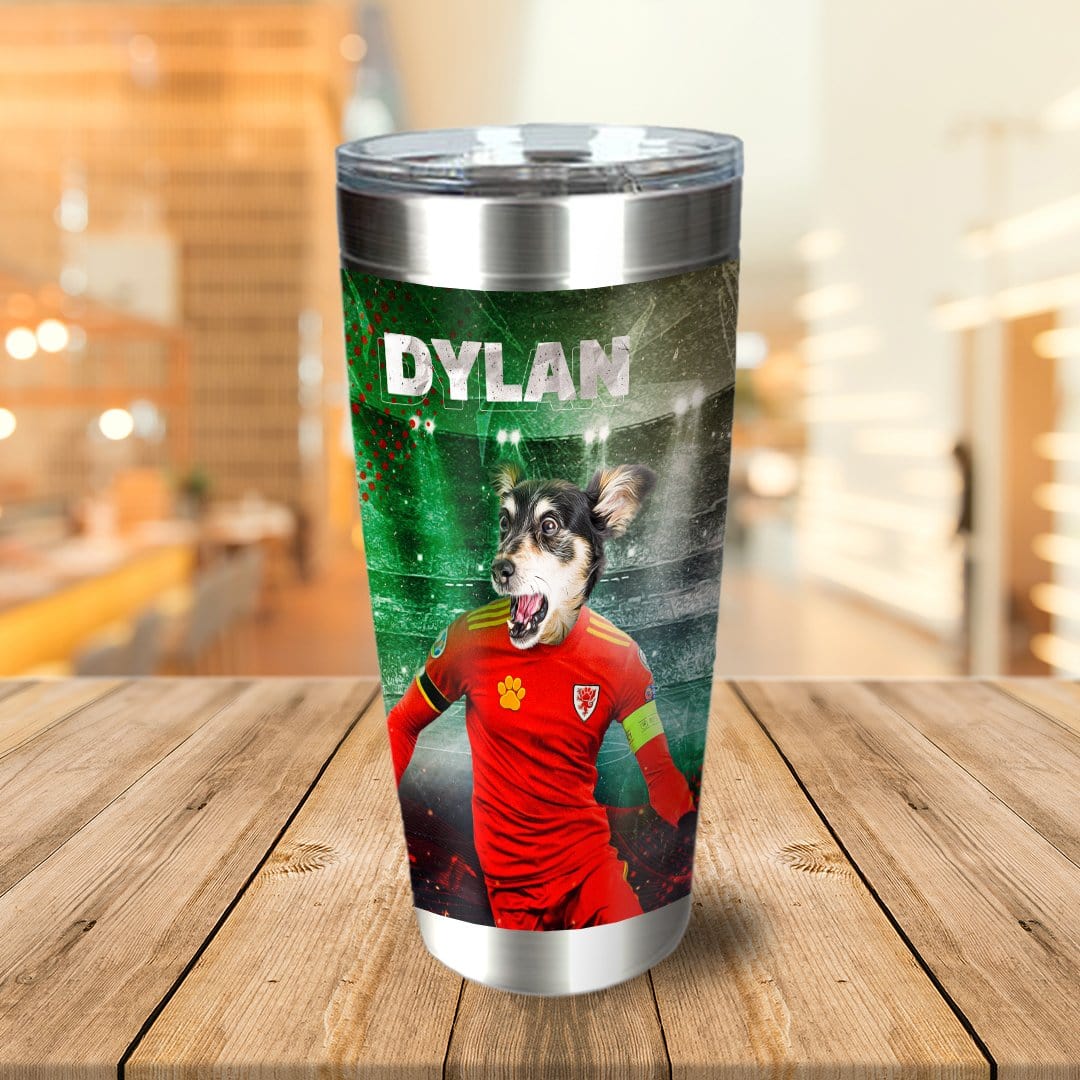 Personalized stainless steel tumbler with a dog in a red soccer uniform on a green stadium background.