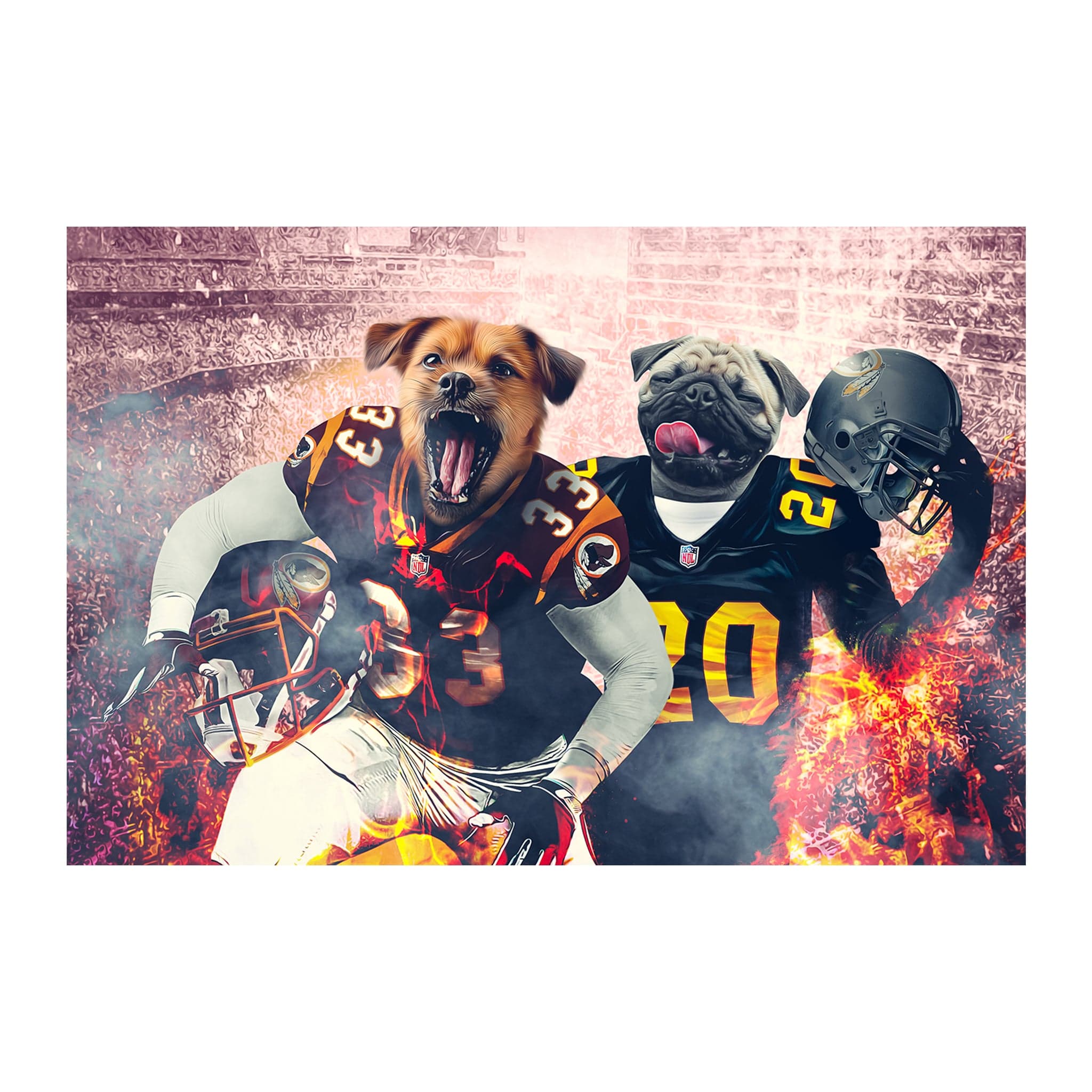 Custom digital portrait of two dogs as football players in Washington Doggos design.