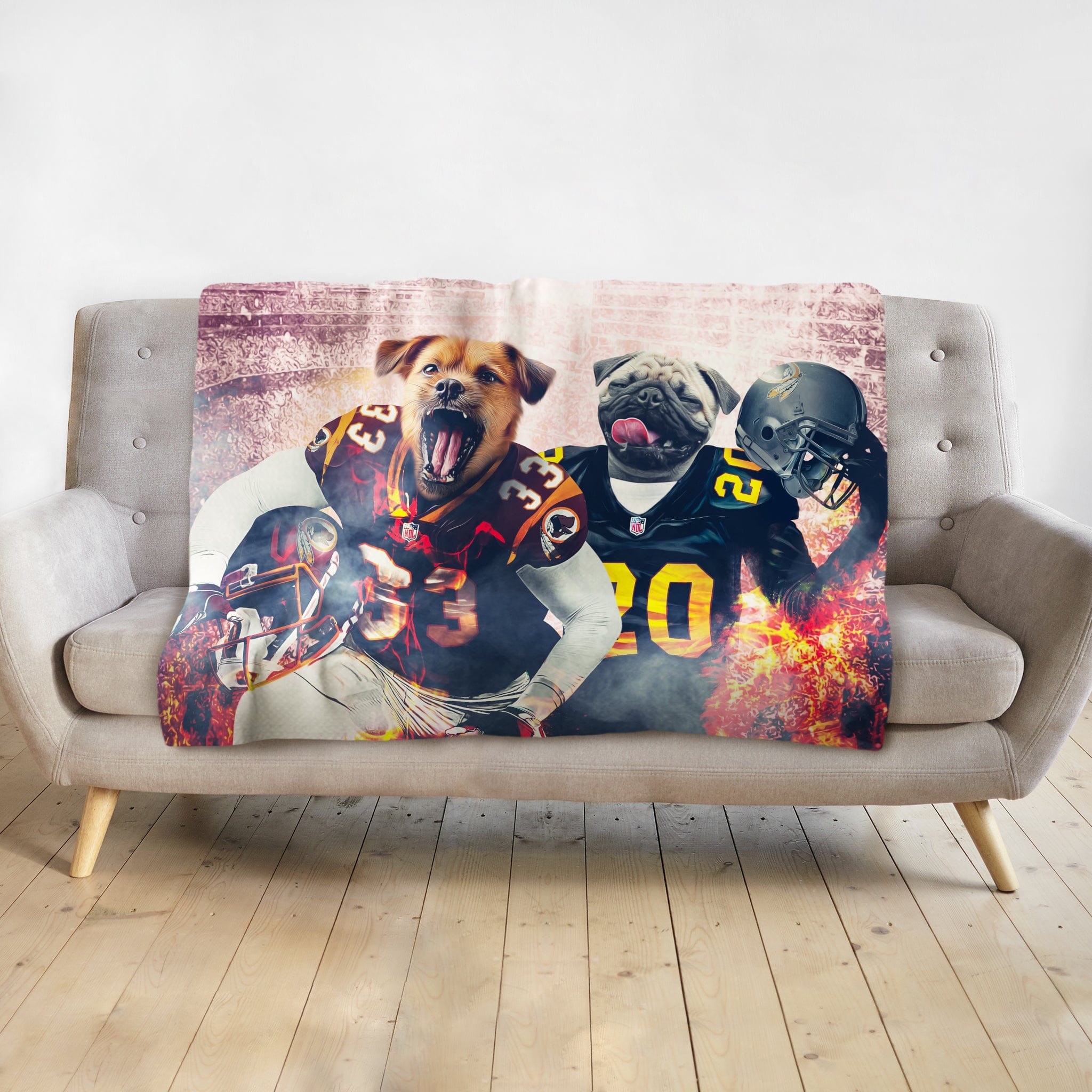 Personalized pet blanket with two dogs in football uniforms, a pug holding a helmet.