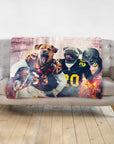 Personalized pet blanket with two dogs in football uniforms, a pug holding a helmet.