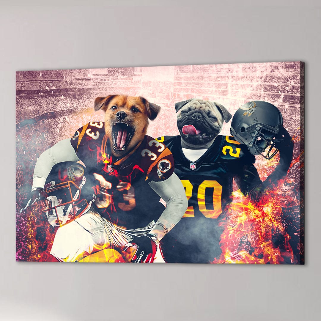 Personalized 'Washington Doggos' canvas featuring two dogs in football uniforms, one holding a helmet.