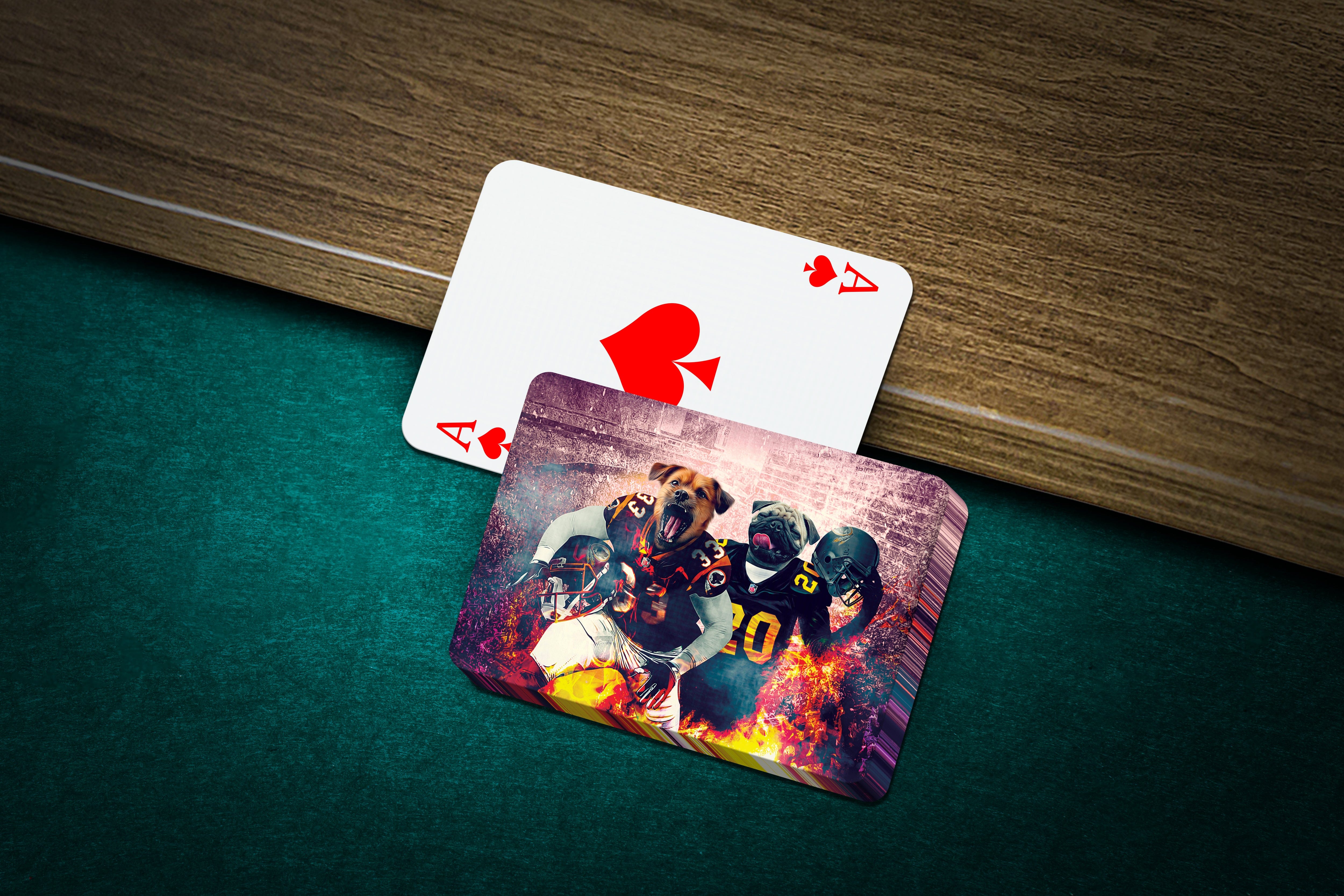 Personalized playing cards featuring custom pet portraits of dogs in football uniforms.