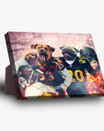 Personalized 'Washington Doggos' standing canvas featuring two pets in football uniforms with a fiery background.
