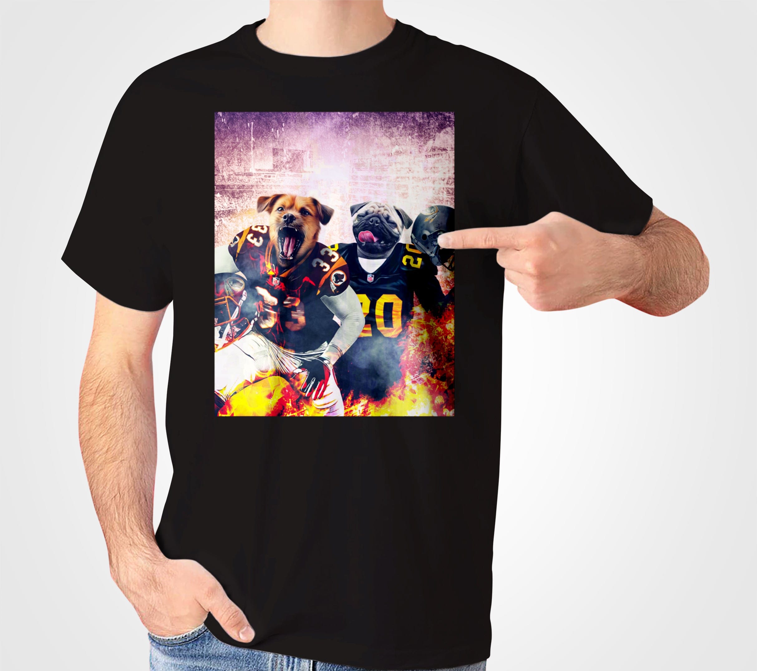 Black Gildan t-shirt with a personalized design of two dogs in football uniforms, one pointing.