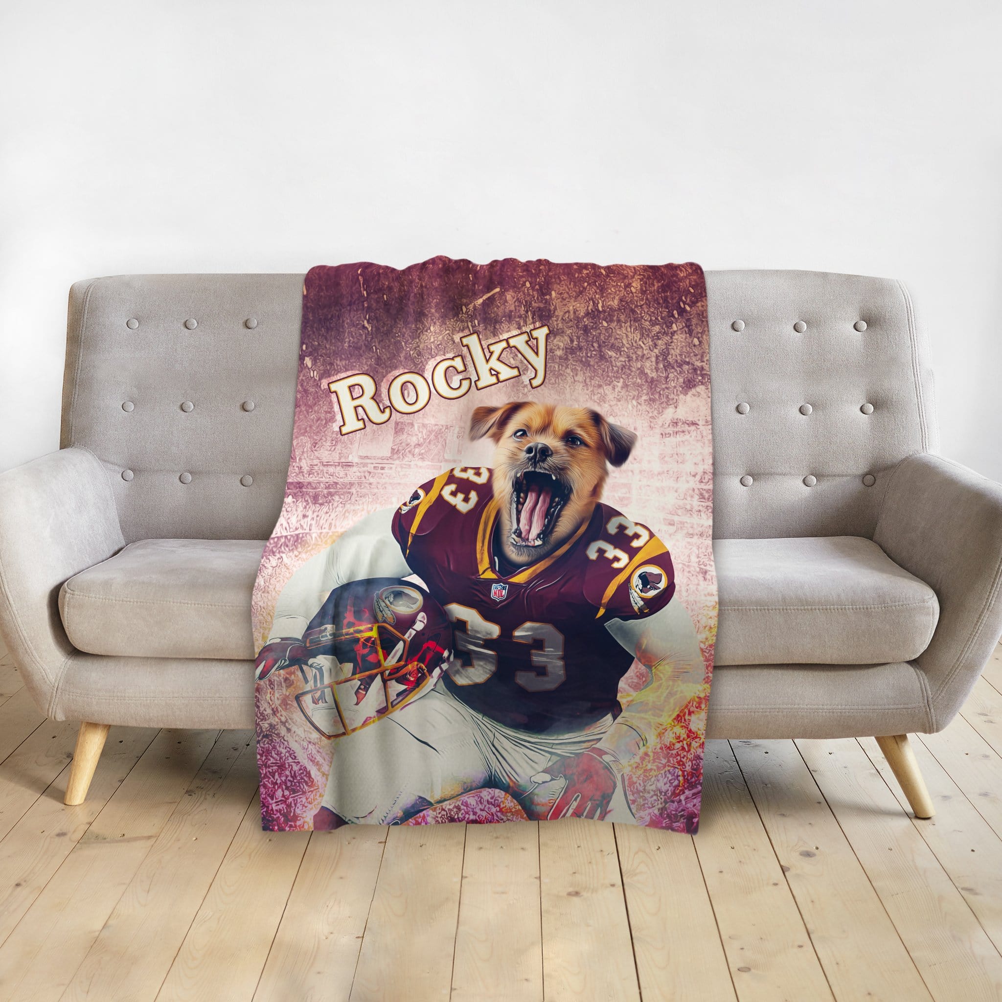 Personalized pet blanket with a Doggovinci portrait of a dog in a football uniform.