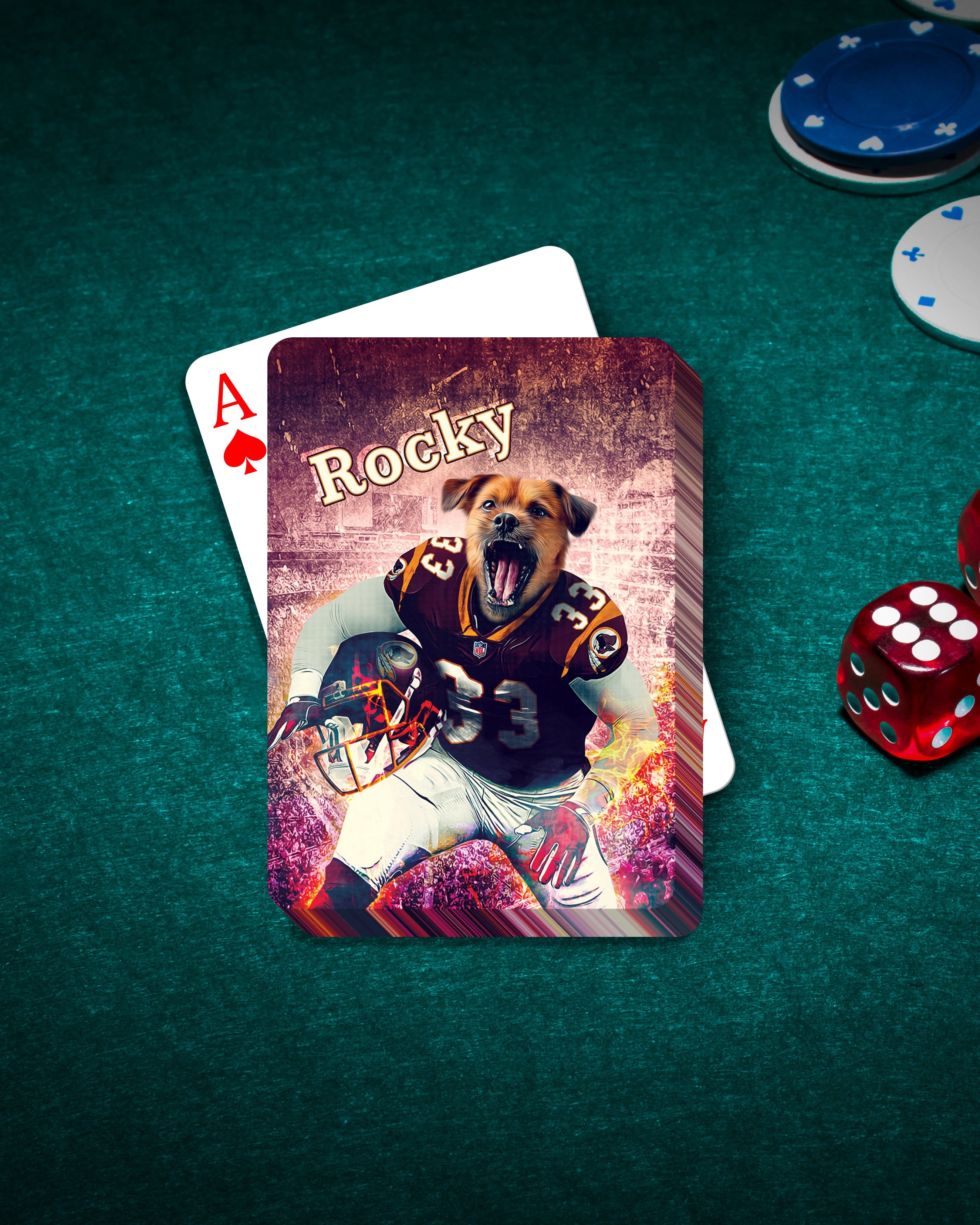 Personalized pet playing card featuring a dog in a football uniform on a green felt table.