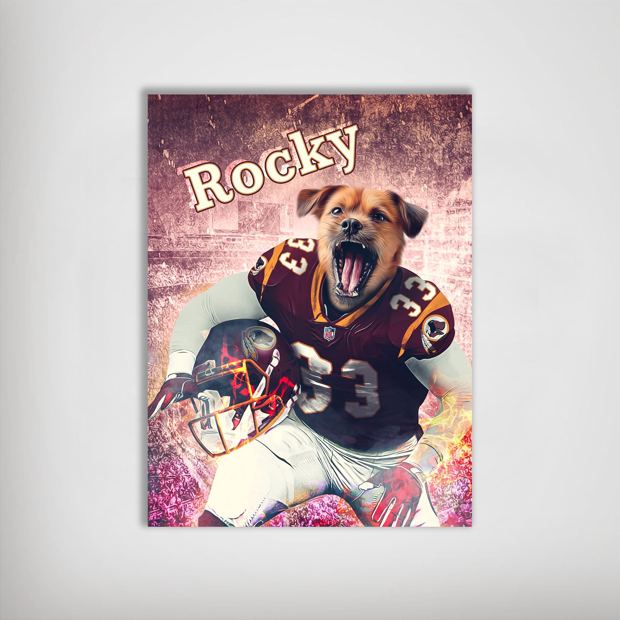 Personalized 'Washington Doggos' pet poster featuring a dog in a burgundy football uniform, holding a helmet.