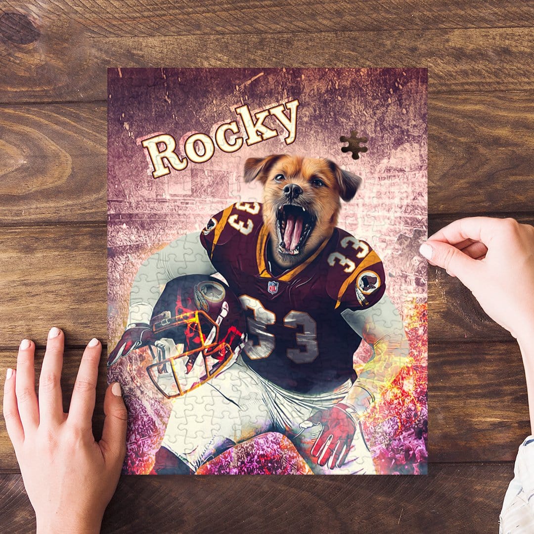 Personalized pet puzzle featuring a dog in a Washington football uniform, with "Rocky" text.