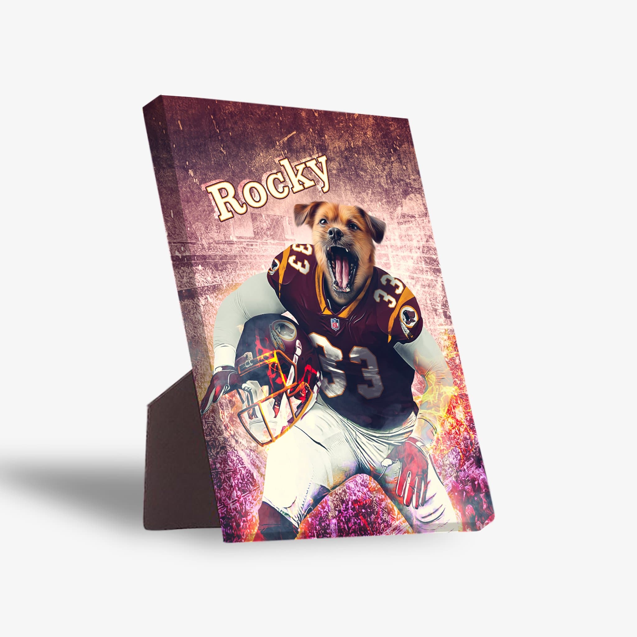 Personalized pet standing canvas featuring a dog in a football uniform, named "Rocky," with a pre-attached stand.