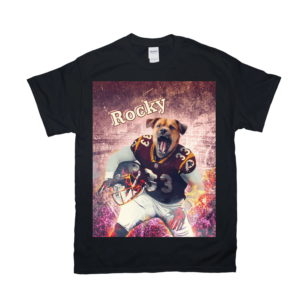Black Gildan t-shirt featuring a personalized graphic of a dog in a football uniform with "Rocky" above.