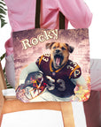 Personalized tote bag with a custom pet portrait of a dog in a football uniform.