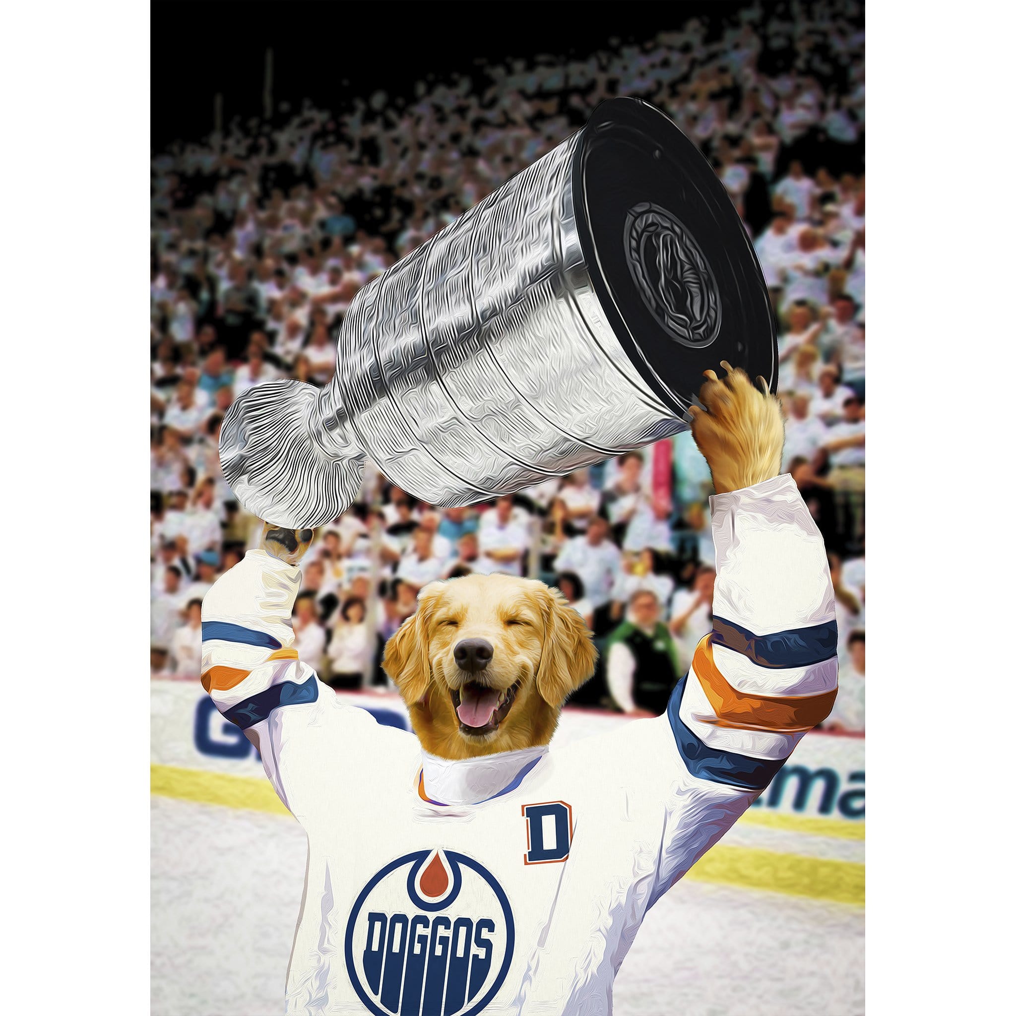 Custom digital portrait of a golden retriever dog in a hockey jersey holding a trophy.