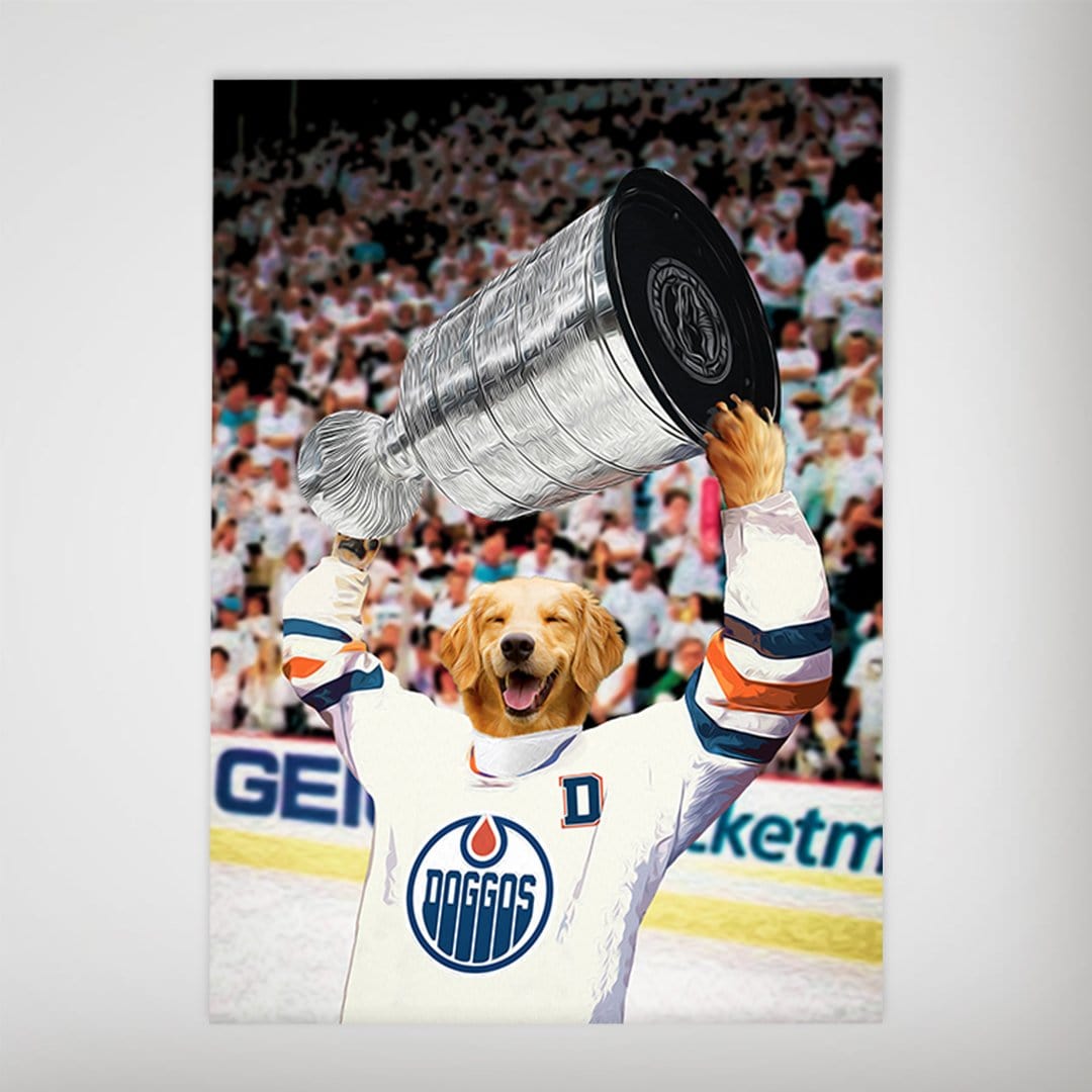 Golden Retriever dog in a white hockey jersey holding a silver trophy aloft, celebrating in a crowded arena.