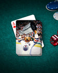 Personalized playing cards featuring a custom dog portrait in a hockey jersey holding a trophy.