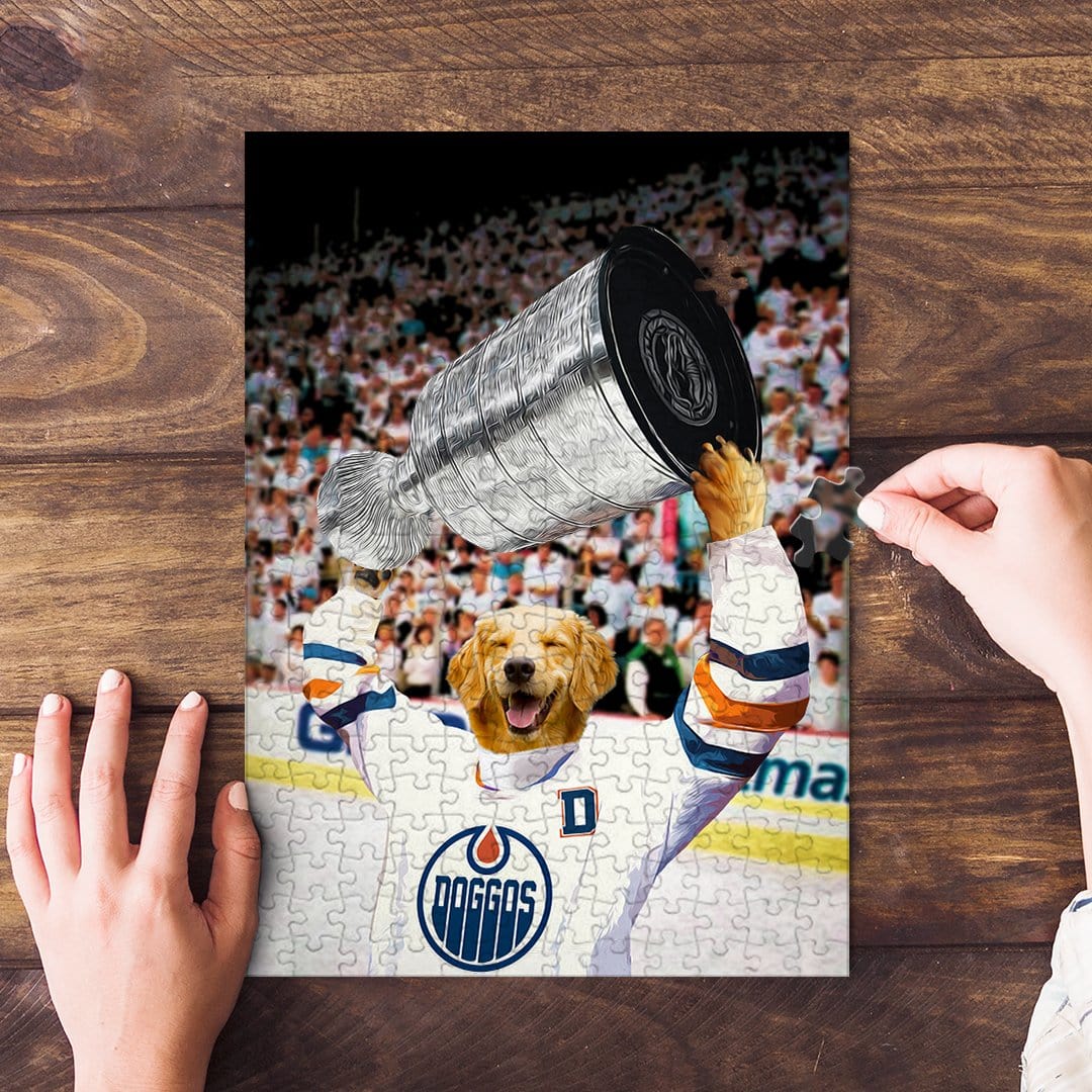 Personalized pet puzzle featuring a golden retriever's face on a hockey player holding a trophy.