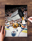 Personalized pet puzzle featuring a golden retriever's face on a hockey player holding a trophy.
