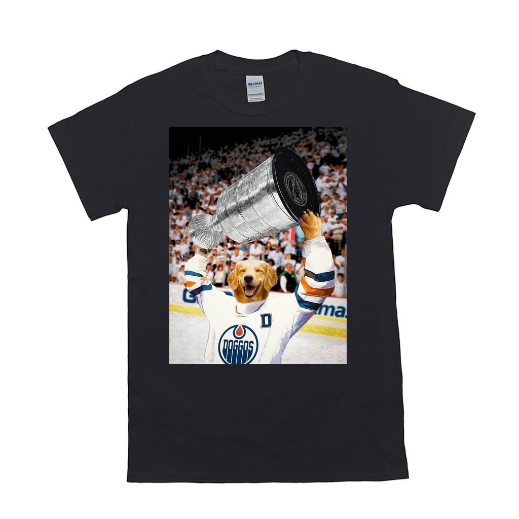 Black Gildan t-shirt with a golden retriever's head on a hockey player holding a silver trophy.
