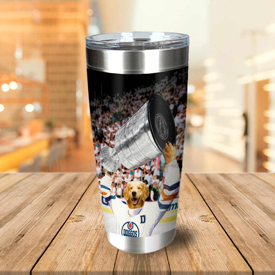 Personalized stainless steel tumbler with a golden retriever dog in a hockey uniform holding a trophy.