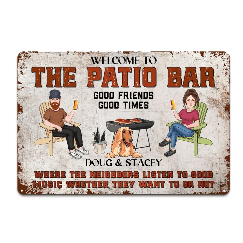 Personalized tin sign: "Welcome to The Patio Bar" with cartoon couple, Afghan Hound, and grill.