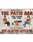 Personalized tin sign: "Welcome to The Patio Bar" with cartoon couple, Afghan Hound, and grill.