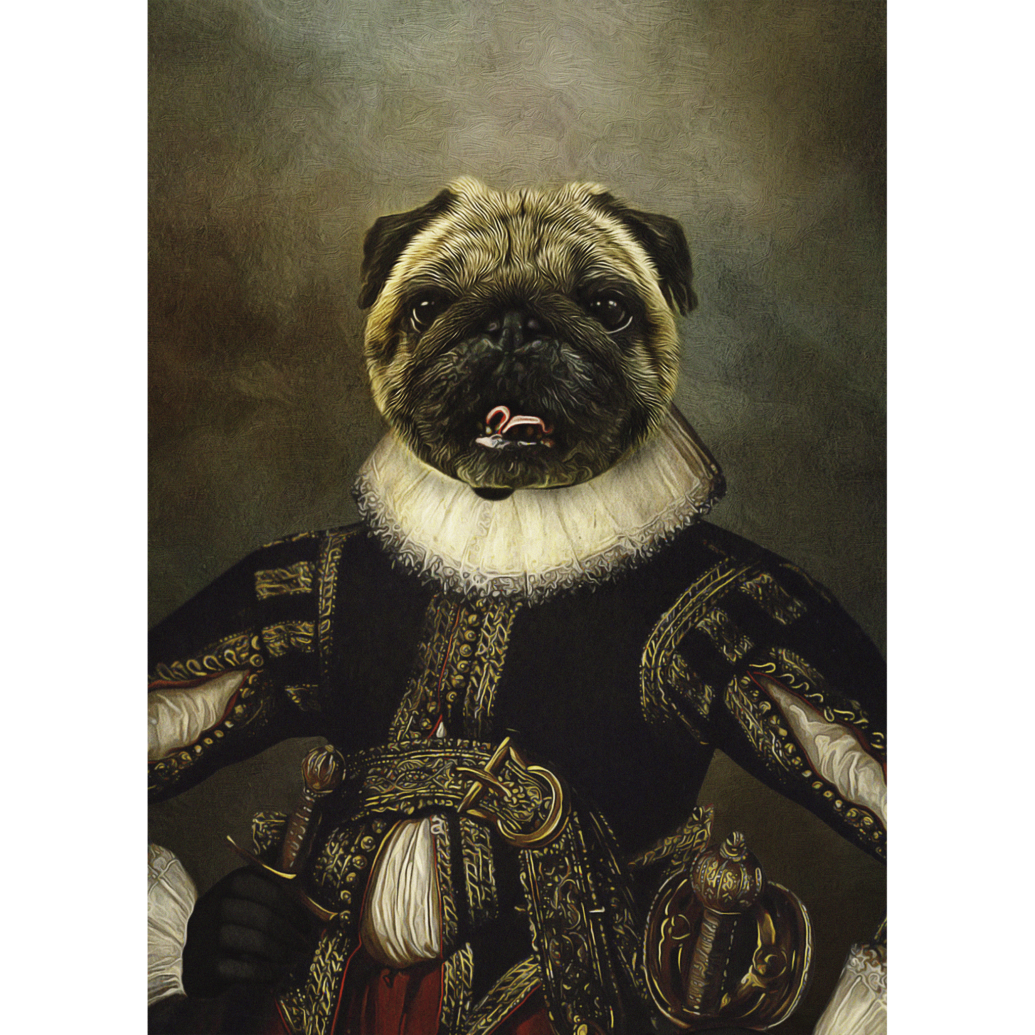 Custom Renaissance royal portrait of a pug dog in a dark, ornate costume.