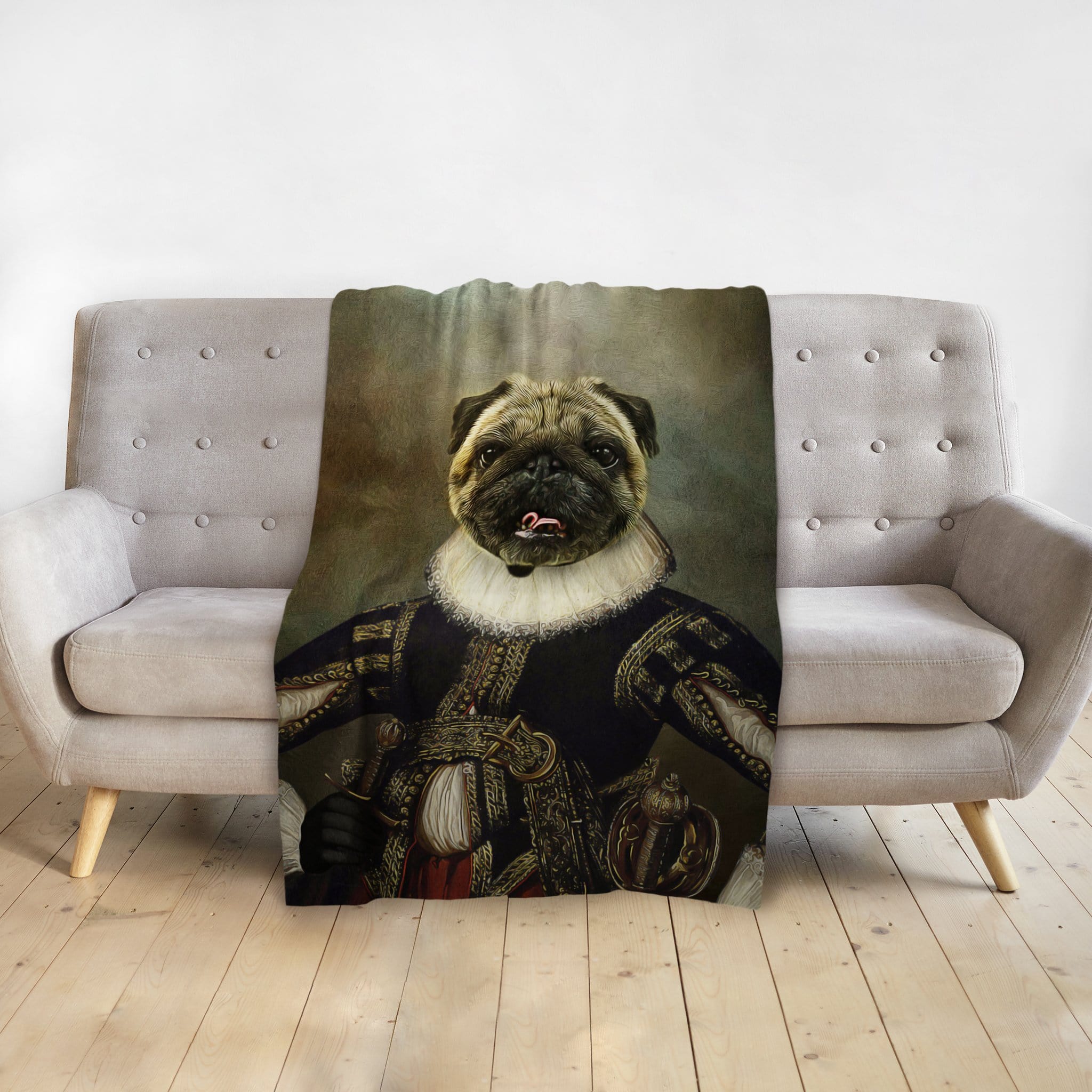 Personalized pet blanket with a pug in a renaissance royal portrait style.