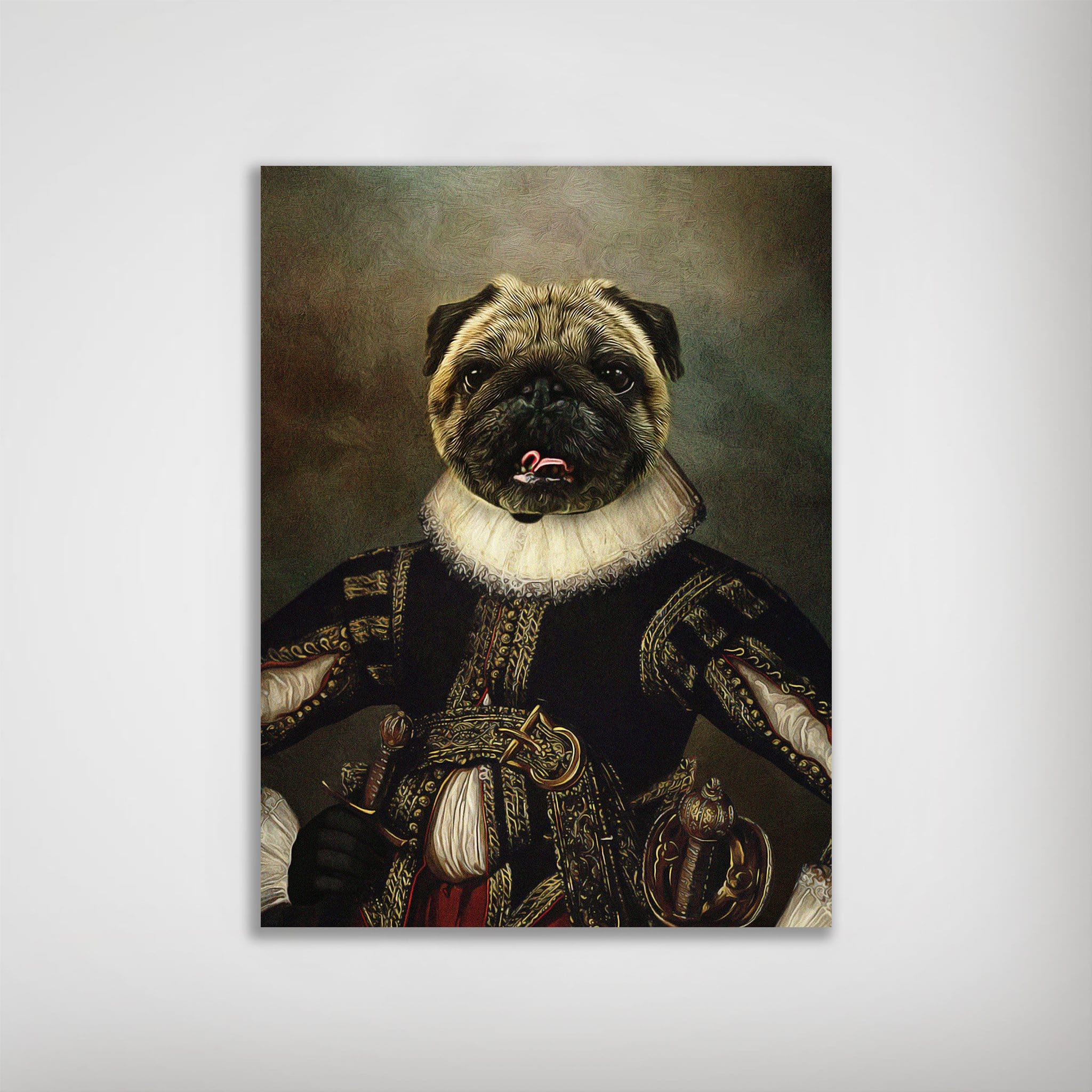 Personalized 'William Dogspeare' pet poster featuring a pug in a dark, ornate Renaissance costume.